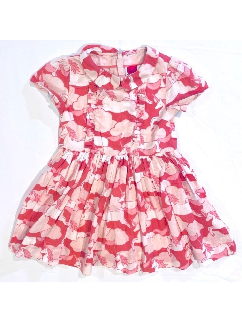 Mini Boden Pink Unicorns Dress Girls 2-3 Y 2T 3T Clouds Cotton Peter Pan Collar